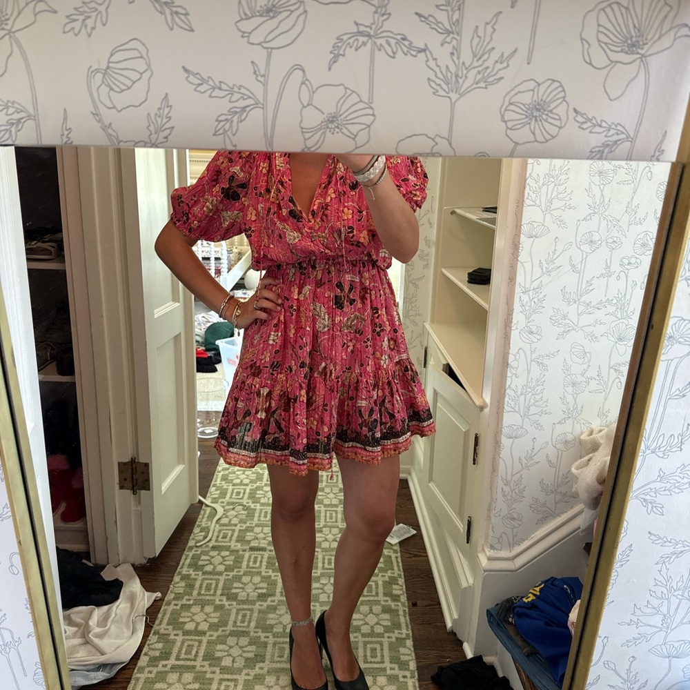 Ulla Johnson Red and Pink Puff Sleeve Wrap Mini Dress